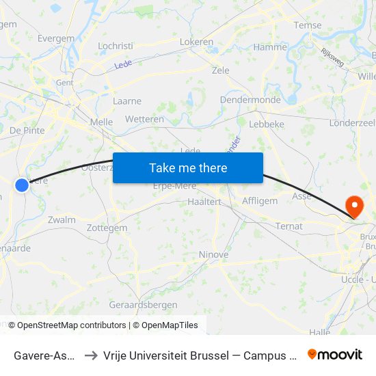 Gavere-Asper to Vrije Universiteit Brussel — Campus Jette map