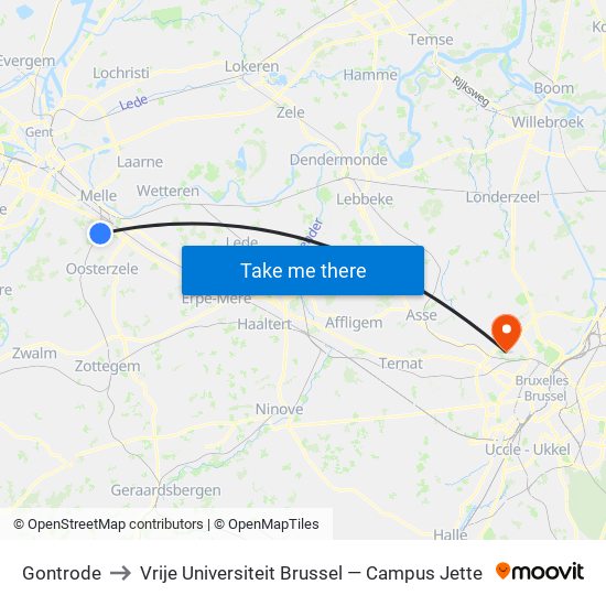 Gontrode to Vrije Universiteit Brussel — Campus Jette map