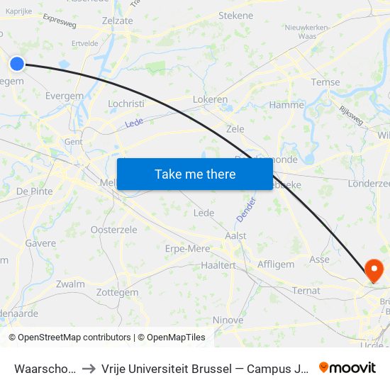 Waarschoot to Vrije Universiteit Brussel — Campus Jette map