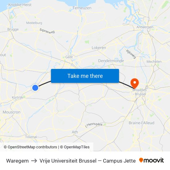 Waregem to Vrije Universiteit Brussel — Campus Jette map