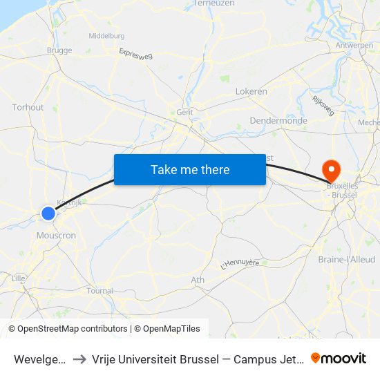 Wevelgem to Vrije Universiteit Brussel — Campus Jette map