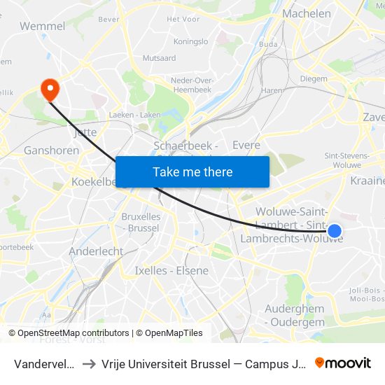 Vandervelde to Vrije Universiteit Brussel — Campus Jette map