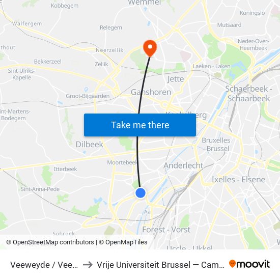 Veeweyde / Veeweide to Vrije Universiteit Brussel — Campus Jette map
