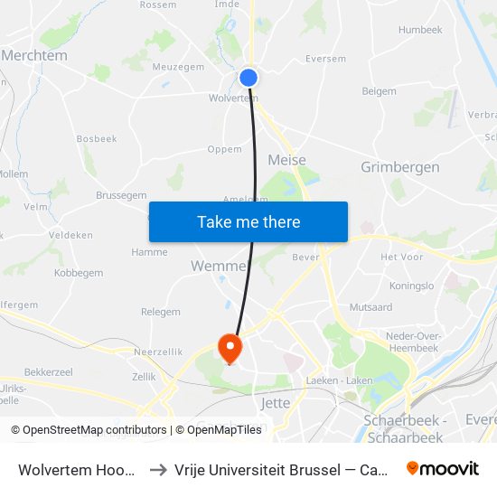 Wolvertem Hoogstraat to Vrije Universiteit Brussel — Campus Jette map