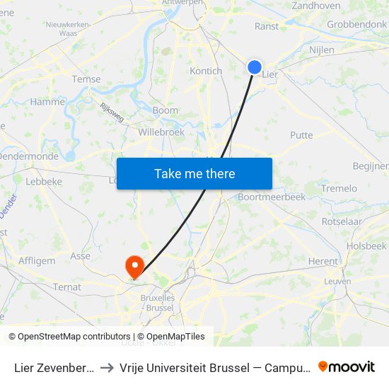 Lier Zevenbergen to Vrije Universiteit Brussel — Campus Jette map