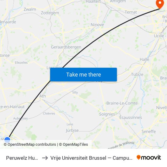 Peruwelz Hurtrie to Vrije Universiteit Brussel — Campus Jette map
