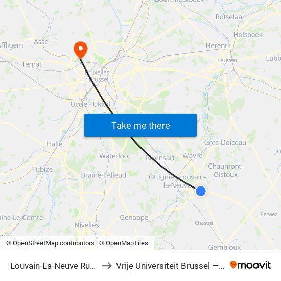 Louvain-La-Neuve Rue Rodeuhaie to Vrije Universiteit Brussel — Campus Jette map