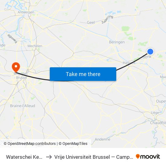 Waterschei Kerkhof to Vrije Universiteit Brussel — Campus Jette map