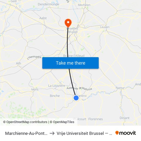 Marchienne-Au-Pont Rue Delire to Vrije Universiteit Brussel — Campus Jette map