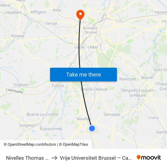 Nivelles Thomas Edison to Vrije Universiteit Brussel — Campus Jette map