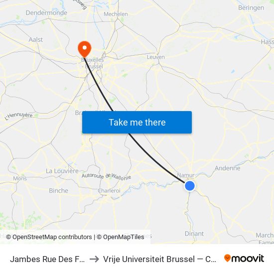 Jambes Rue Des Fougères to Vrije Universiteit Brussel — Campus Jette map