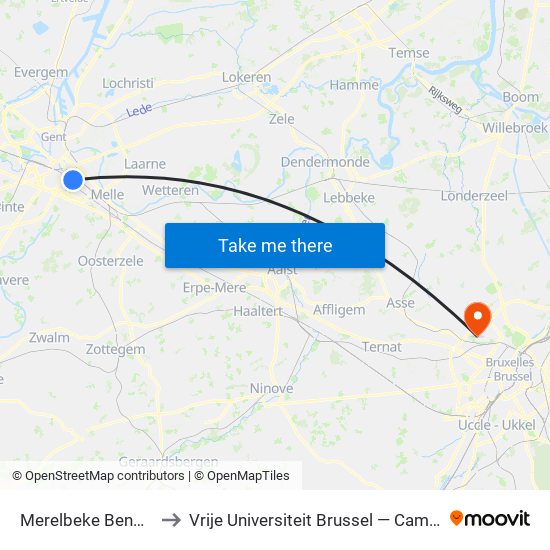 Merelbeke Benoitlaan to Vrije Universiteit Brussel — Campus Jette map