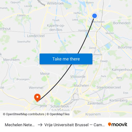 Mechelen Netestraat to Vrije Universiteit Brussel — Campus Jette map