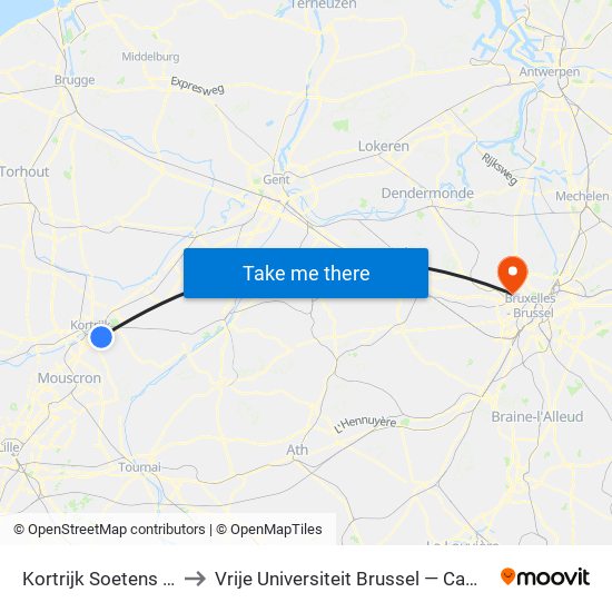 Kortrijk Soetens Molen to Vrije Universiteit Brussel — Campus Jette map