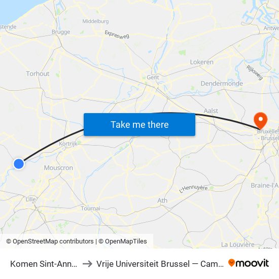 Komen Sint-Annaplein to Vrije Universiteit Brussel — Campus Jette map