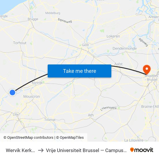 Wervik Kerkhof to Vrije Universiteit Brussel — Campus Jette map
