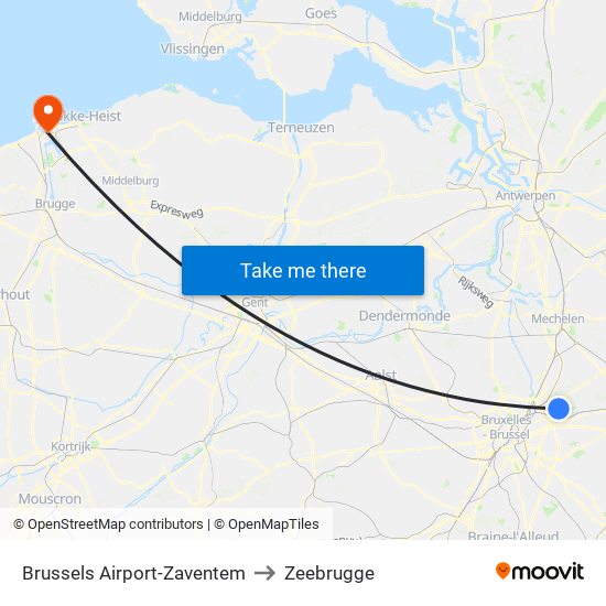 Brussels Airport-Zaventem to Zeebrugge map