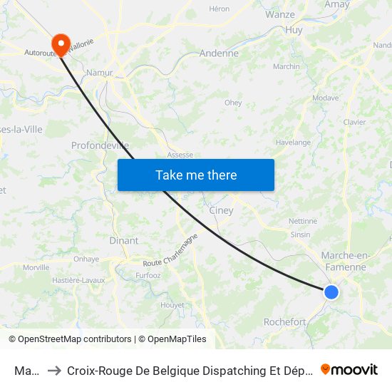 Marloie to Croix-Rouge De Belgique Dispatching Et Département Des Secours map