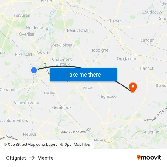 Ottignies to Meeffe map