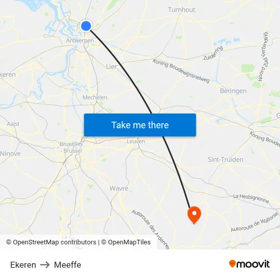 Ekeren to Meeffe map