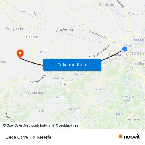 Liège-Carré to Meeffe map