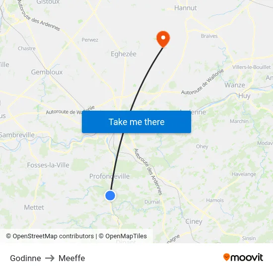 Godinne to Meeffe map