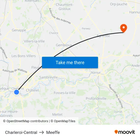 Charleroi-Central to Meeffe map