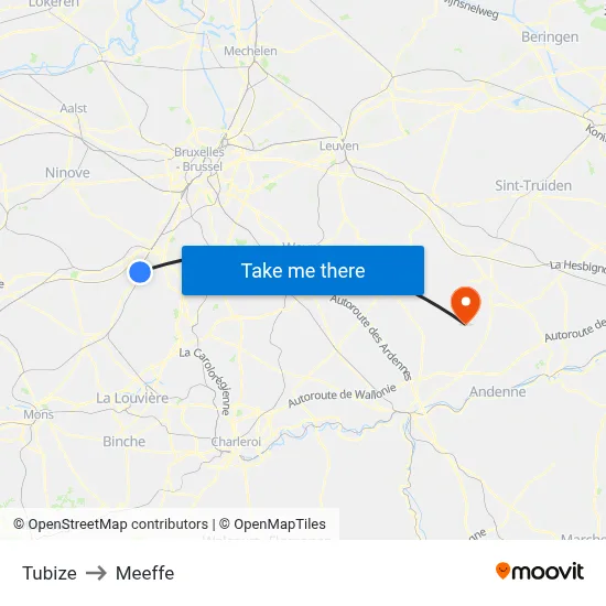Tubize to Meeffe map