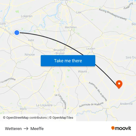 Wetteren to Meeffe map