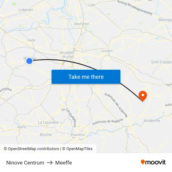 Ninove Center to Meeffe map