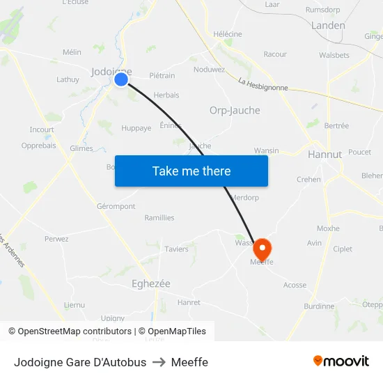 Jodoigne Gare D'Autobus to Meeffe map