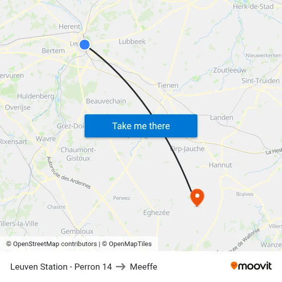 Leuven Station - Platform 14 to Meeffe map
