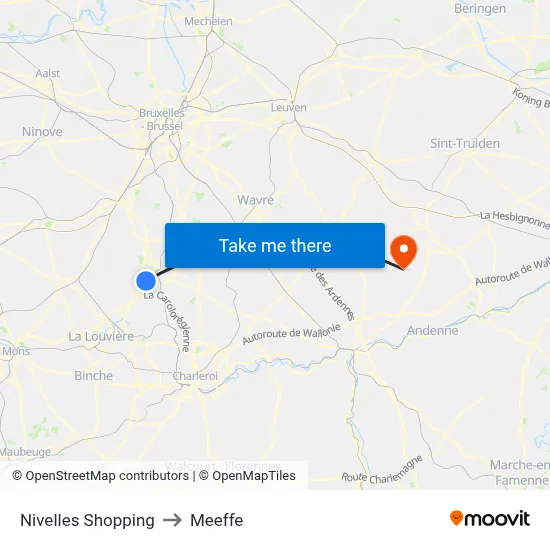 Nivelles Shopping to Meeffe map