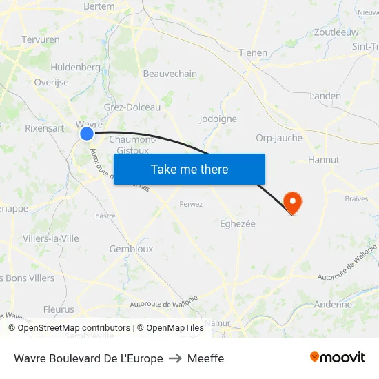 Wavre Europe Boulevard to Meeffe map