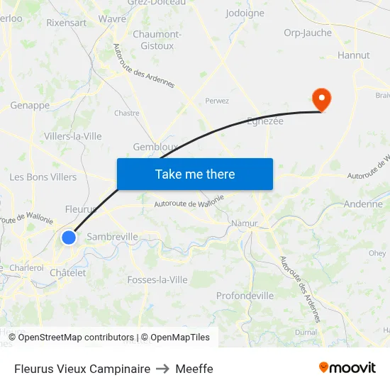 Fleurus Vieux Campinaire to Meeffe map