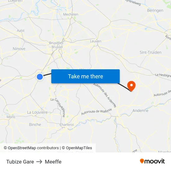 Tubize Gare to Meeffe map