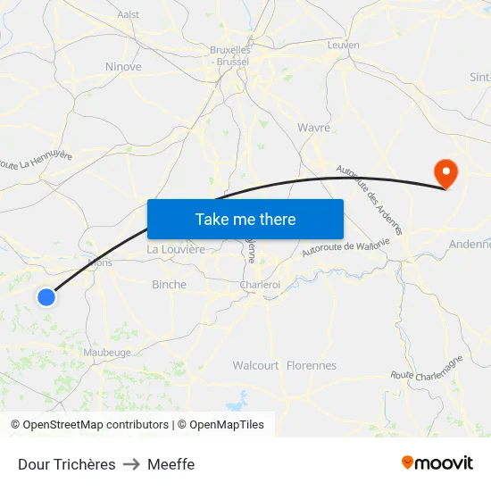 Dour Trichères to Meeffe map