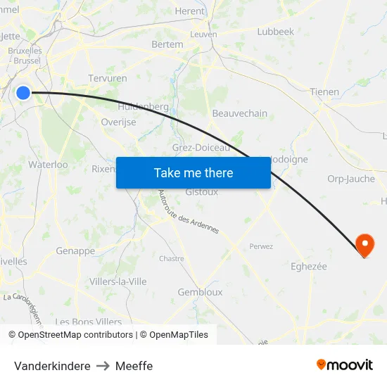 Vanderkindere to Meeffe map