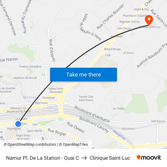 Namur Pl. De La Station - Quai C to Clinique Saint-Luc map