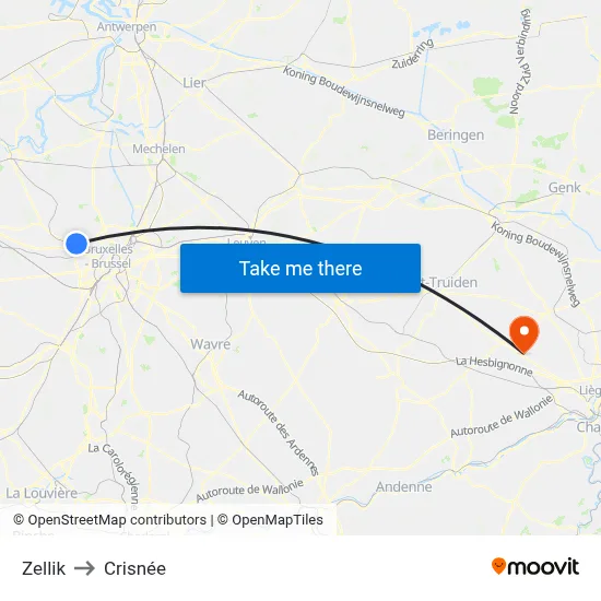 Zellik to Crisnée map