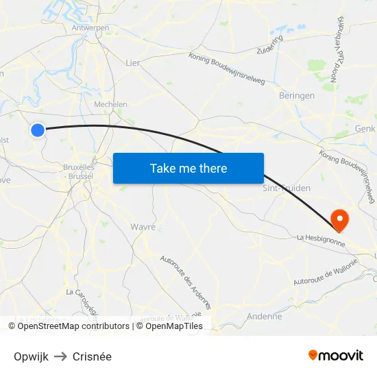 Opwijk to Crisnée map