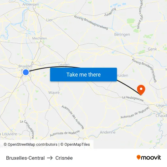 Bruxelles-Central to Crisnée map