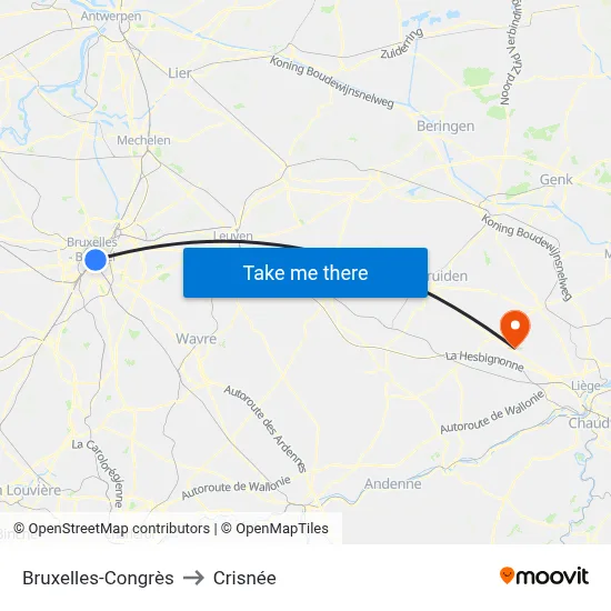 Bruxelles-Congrès to Crisnée map