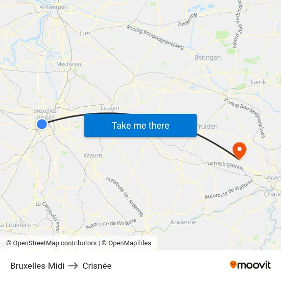 Bruxelles-Midi to Crisnée map