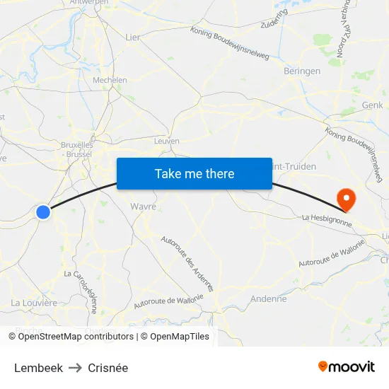 Lembeek to Crisnée map