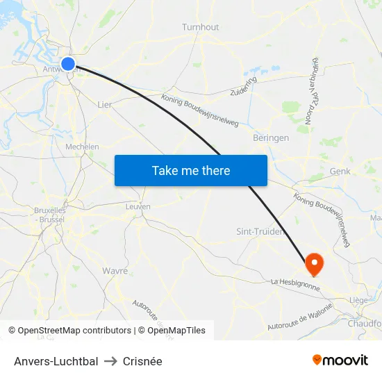 Anvers-Luchtbal to Crisnée map