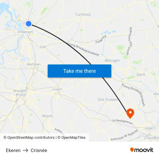 Ekeren to Crisnée map