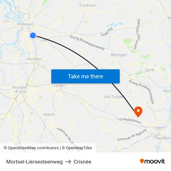 Mortsel-Liersesteenweg to Crisnée map