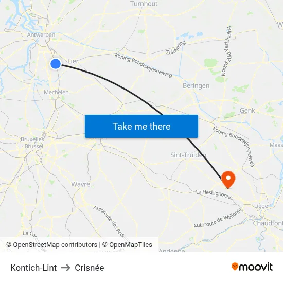 Kontich-Lint to Crisnée map