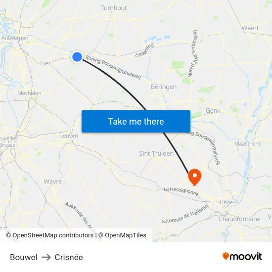 Bouwel to Crisnée map
